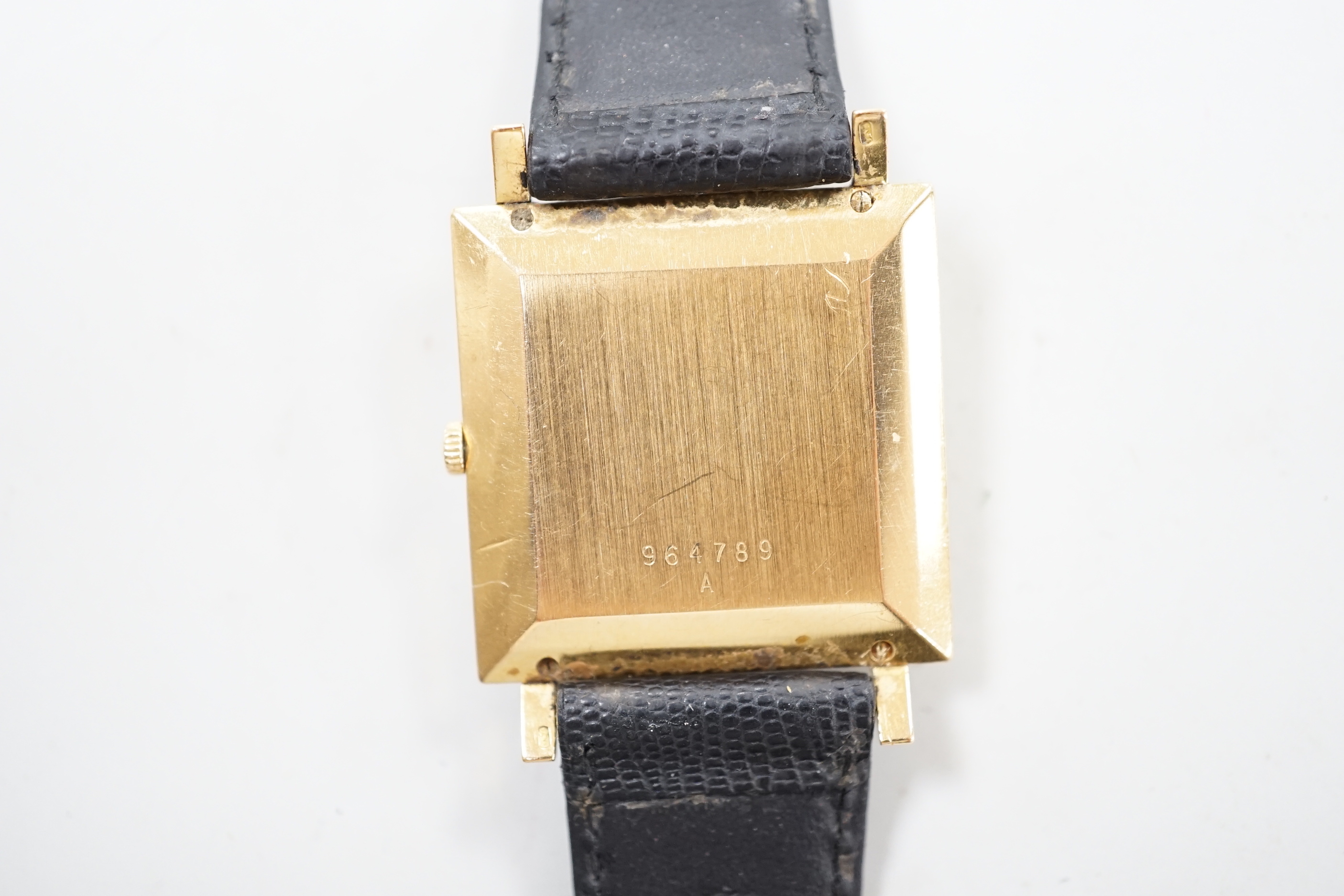 A gentleman's yellow metal (Swiss 750 mark) Jaeger LeCoultre manual wind dress wrist watch, on associated leather strap, no box or papers.